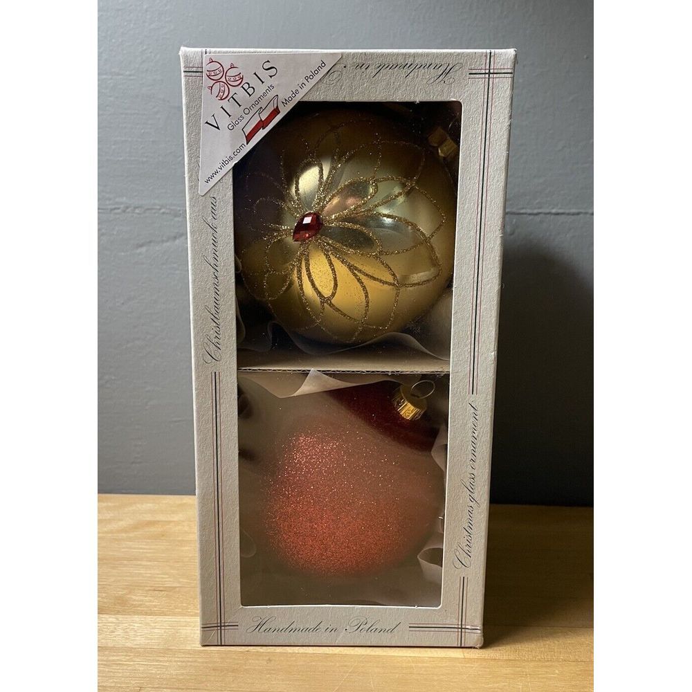 2 Vitbis Poland Ornaments 4" Handblown Glass Red AndGold  – Original Boxes